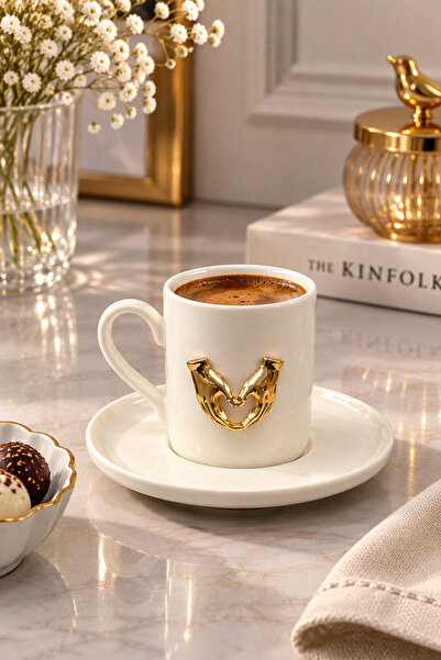 YzHome 2 Kişilik Beyaz Porselen Gold Metal Kalp Figürlü Kahve Fincan Takımı Seti 100ml