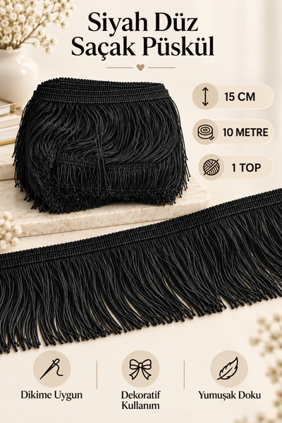 Siyah Düz Saçak Püskül 15 cm 10 Metre – Perde, Runner, Masa Örtüsü, Yastık ve Dekoratif Tekstil Süsleme Şeridi