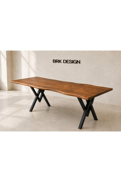 BRK Design Ters V Metal Ayaklı Boya Dalgalı Doğal Çam Yemek Masası 80x120_V1-02