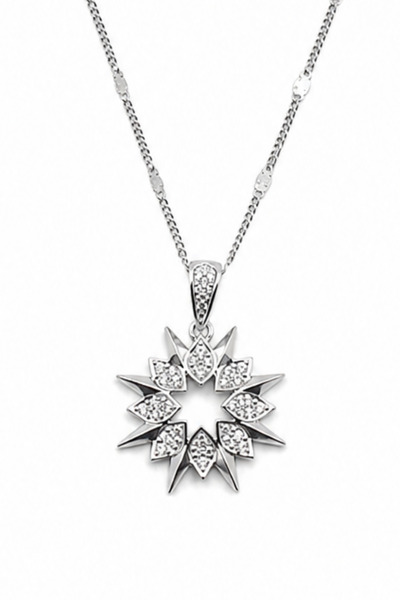 Sose Moda Layered Stone Flower Star Figured Special Chain Necklace - Silver