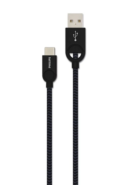 Philips DLC2628B/97 USB-A to USB-C Örgülü Hızlı Şarj Kablosu, 1.2 Metre, Siyah