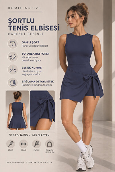 BomieStudio BOMIE ACTIVE Kadın Şortlu Tenis Elbisesi Dahili Şortlu Bağlama De...