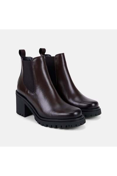 Desa Women's Bitter Brown Elastic Thick Heeled Leather Chelsea Boots