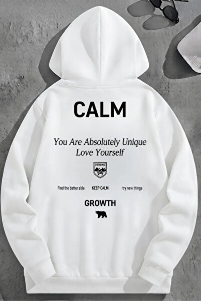 K KOZZ STYLE Unisex 3 Thread Cotton White Calmgrowth Print Loose Fit Sweatshi...