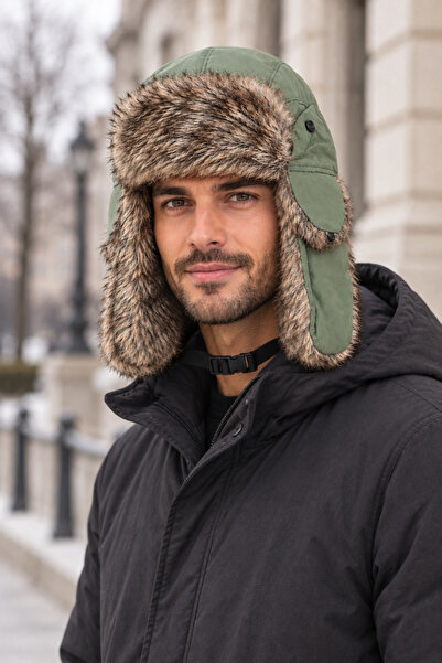 HatClub Exclusive قبعة طيار شتوية للرجال مع تفاصيل من الفرو وسماعات رأس
