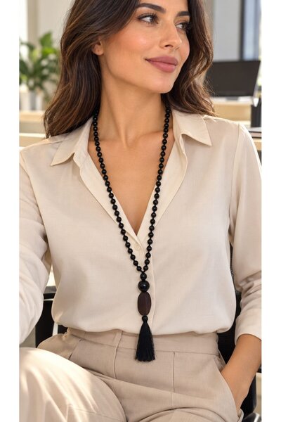 Sinem Şanlı Atelier Black Onyx Crystal Long Necklace – 4 Color Silk Tassel Op...