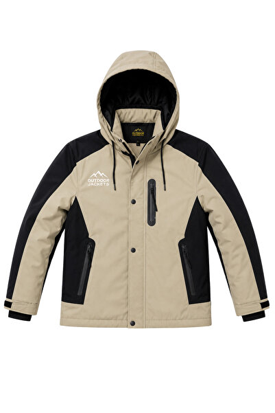 SİVAİST Erkek Krem Softshell Mont Kapüşonlu Kışlık Suya Dayanıklı Fermuarlı C...