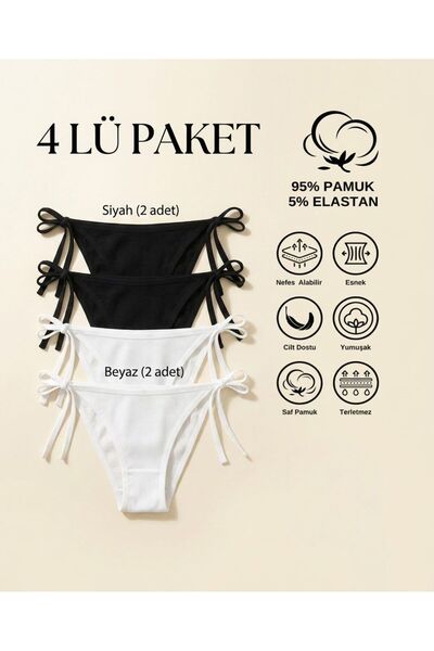 modezaa Kadın 2'li İp Detaylı Bağlamalı String (siyah ve beyaz)