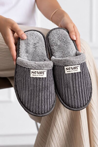 NOVİNS Corduroy Plush House Slippers Soft Furry Warm Winter Unisex House Slip...