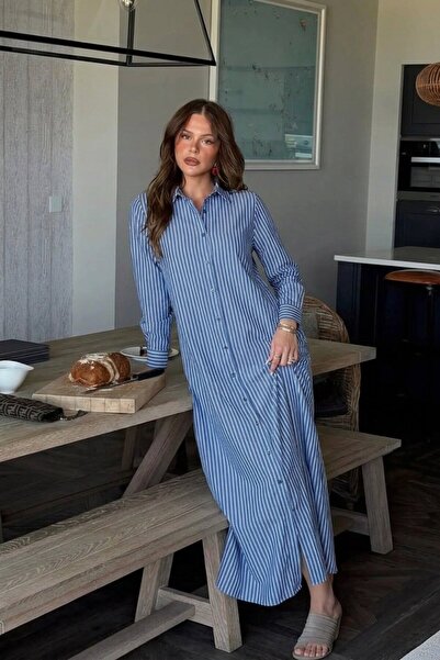 comstar فستان نسائي طويل بأزرار وخطوط باللون الأزرق الداكن
