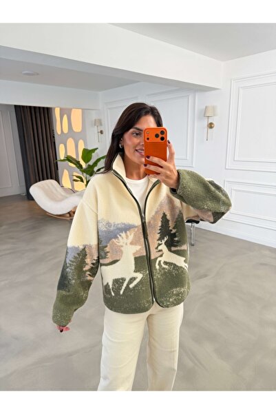 Elif Özbey Butik Haki Ön Fermuarlı Peluş Sweat