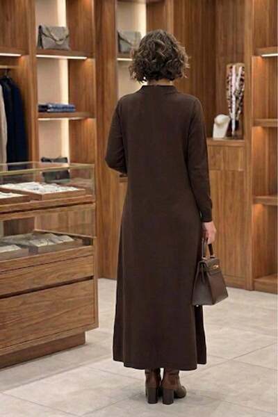 Nevin Kaya Moda Kahverengi Elegance Modal Kumaş Fermuar Detaylı Elbise