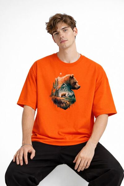 Zerenyus Bear2 - Premium Pamuklu Kumaş Oversize Unisex Tişört Turuncu