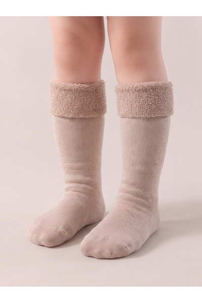 LE VISSION TEKSTİL 2 Pairs of Girls' Beige Towel Knee Socks