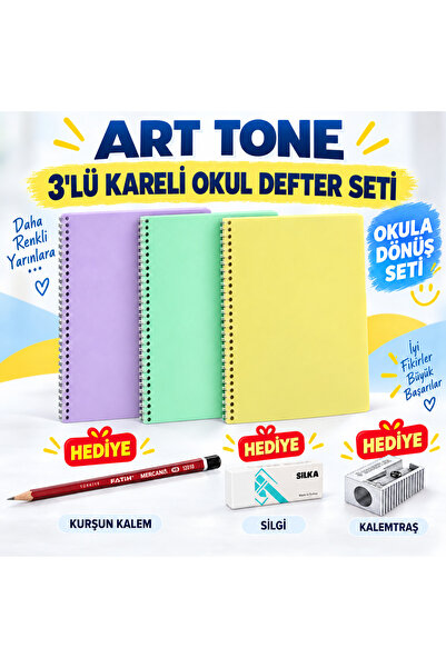 Art Tone 3’lü Pastel Spiralli Okul Defteri kareli Seti 72 Yaprak Sayfa – Kurş...