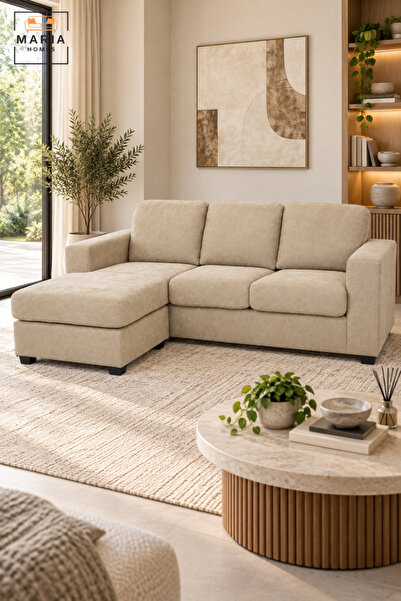 MARIA HOMES L-Shaped Beige Sectional Sofa with Left Chaise | 3-Seater Upholst...
