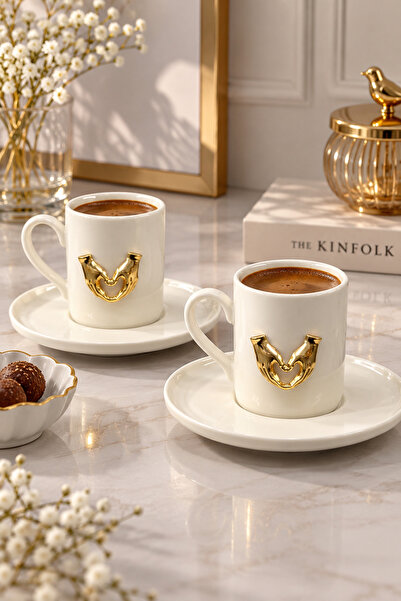 YzHome 2 Kişilik Beyaz Porselen Gold Metal Kalp Figürlü Kahve Fincan Takımı Seti 100ml