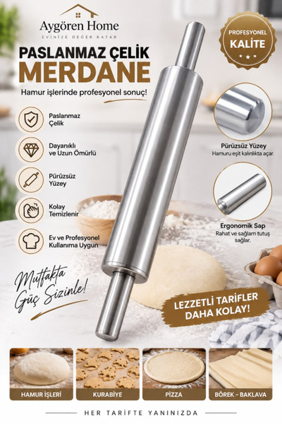 AYGÖREN HOME Metal Oklava Merdane Hamur Açma Rulo Merdanesi 1 Adet