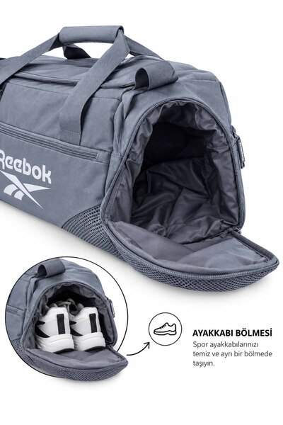 Reebok Unisex Gri Spor Çantası Ayakkabı Bölmeli Omuz Askılı Fitness Antrenman Çantası 46x23x20 cm