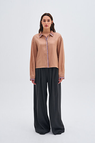 Kutnia Women's Camel Kutnu Oversize Low Shoulder Shirt