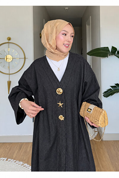 Moda Misali Kuşaklı Oversize Denim Kimono Broş Detaylı