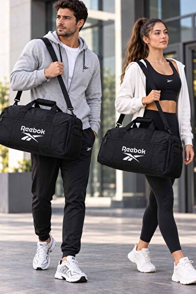 Reebok Унисекс спортна чанта за фитнес, черна, с отделно отделение за обувки ...
