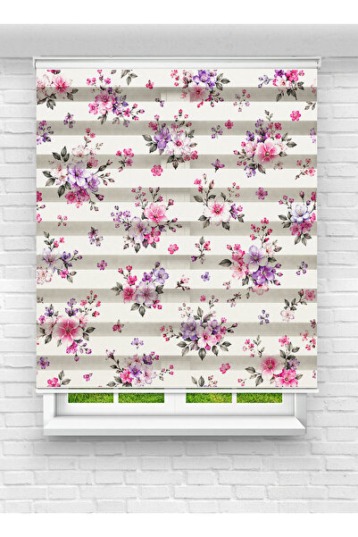 evana home Pembe Ve Mor Kır Çiçekleri Desenli Dijital Zebra Perde - Oturma Od...
