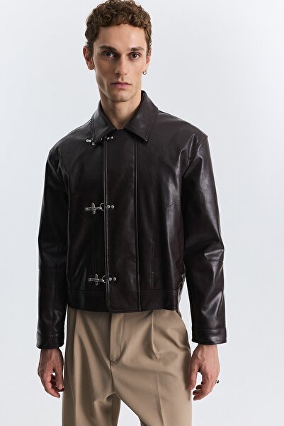 Antioch Metal Decorated Button Faux Leather Coat