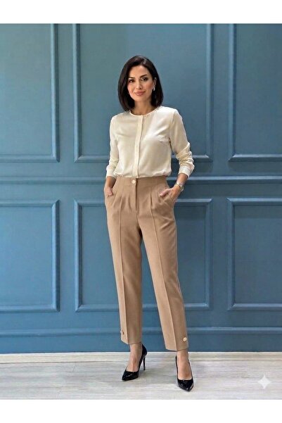 Sentez 5566 Paradise Button Detail Pants Beige