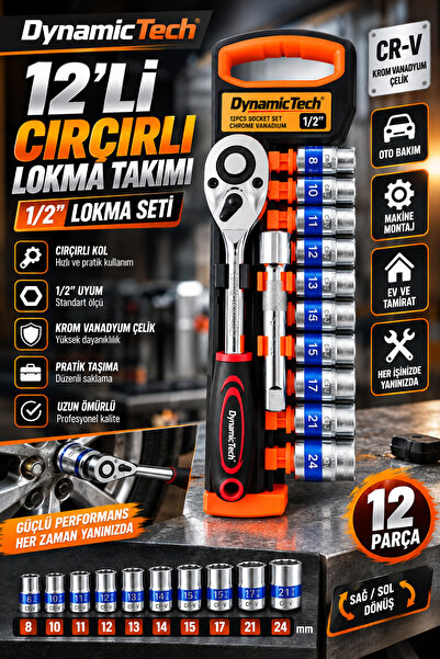 DynamicTech 12'li 1/2 Çırçırlı Lokma Takımı 8-24 mm Krom Vanadyum Çelik Profesyonel Set