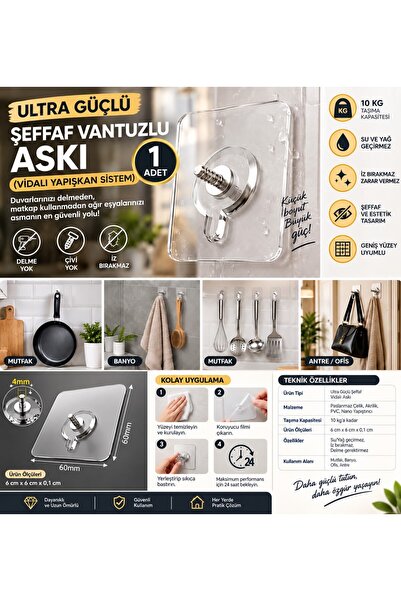 Şen Ticaret Şeffaf Vantuzlu Yapışkanlı Askı 10 KG Kapasiteli - Mutfak, Banyo, Ofis için Delmeden Montaj
