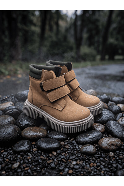 Tonny Black Children's Unisex Tan Comfortable Thermo Sole Double Velcro Boots