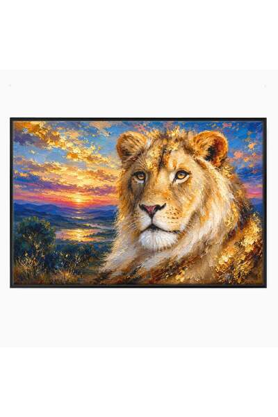 Luxcanva Tablou Canvas Privirea Leului 100x70 cm cu Rama Negru Leu Apus Natura