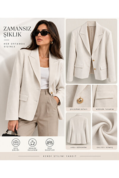 Ravello Collection Kadın Ekru Blazer Ceket – Gold Düğme Detaylı Klasik Yaka