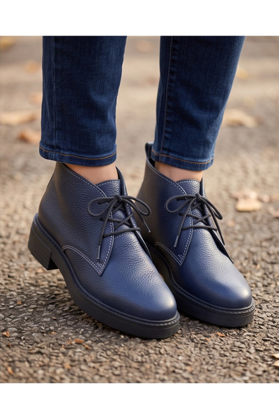 futsi shoes ASPEN Lacivert Hakiki Deri Bağcıklı Kısa Günlük Kadın Bot