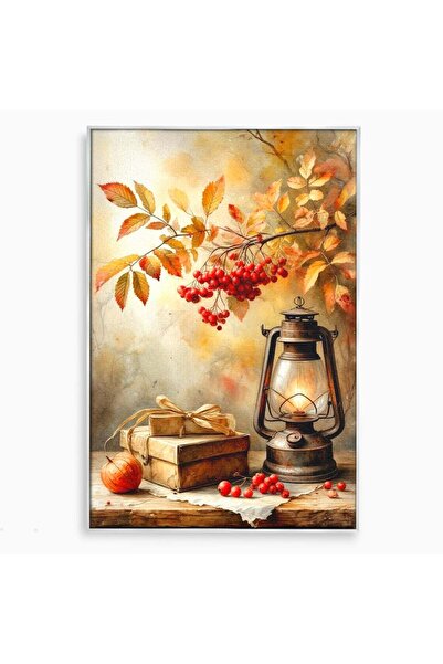 Luxcanva Tablou Canvas Lanterna De Toamna 70x100 cm cu Rama Argintiu Lanterna...