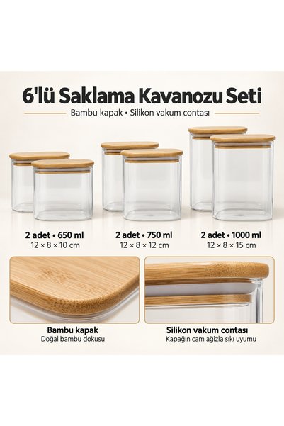 Queen’s Kitchen 6 Adet 3 Boy Dikdörtgen Bambu Kapaklı Cam Kavanoz 650ml, 750ml, 1000ml