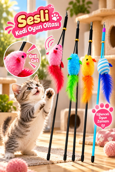 House Bird Plastik Kedi Oyun Oltası Sesli Fare Tüylü İnteraktif Kedi Oyuncağı