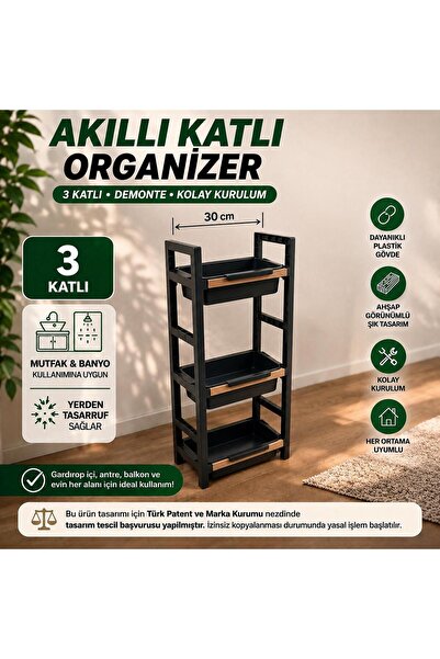 QEN PLASTİK 3 KATLI (30CM) ORGANİZER SEPET (SİYAH)