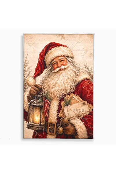 Luxcanva Tablou Canvas Mos Craciun Cu Felinar 50x70 cm cu Rama Argintiu Barba...