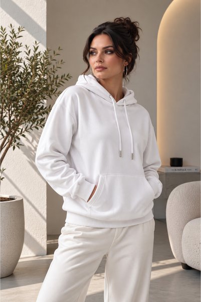 Shine Stone Women's Oversize Hooded 3 Thread Sweatshirt with Basic Kangaroo P...