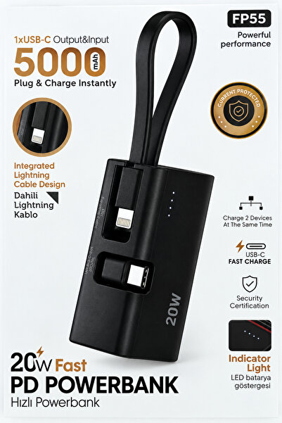 MO DOU 5000 mAh 20W PD Hızlı Şarj Powerbank Dahili Type-C ve Lightning Kablol...