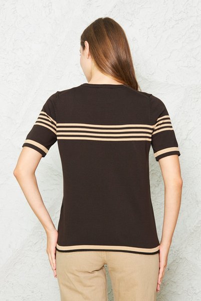 Irmak Kerekli Women's Crew Neck Short Sleeve Striped Knitwear Blouse 25111 Brown-Beige