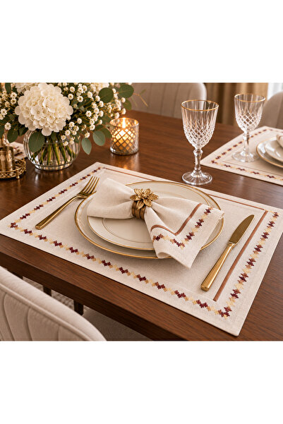 Zeren Home 4 Pieces of Zeren Motif Embroidery and Bronze Piko Detail Cream Am...