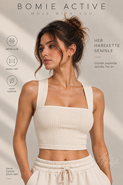 BOMIE ACTIVE Kadın Ribana Crop Büstiyer Kare Yaka Esnek Spor ve Günlük Üst
