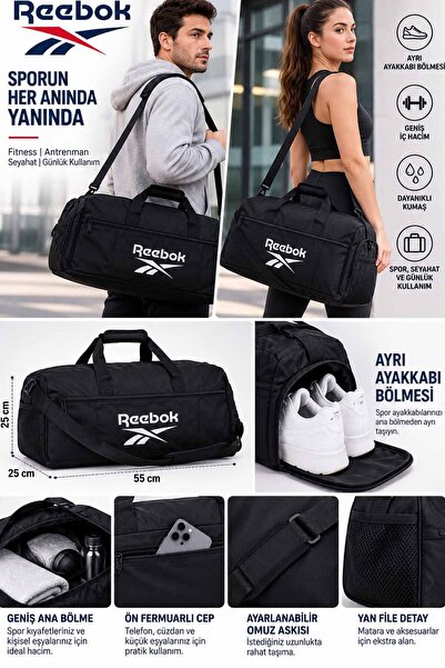 Reebok Unisex Siyah Spor Çantası Ayakkabı Bölmeli Omuz Askılı Fitness Antrenman Çantası 55X25X25CM