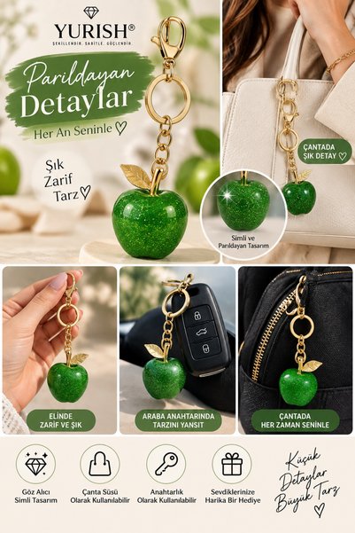 YURISH Women's Gold Chain Silvery Shimmering Green Apple Keychain Bag Ornamen...