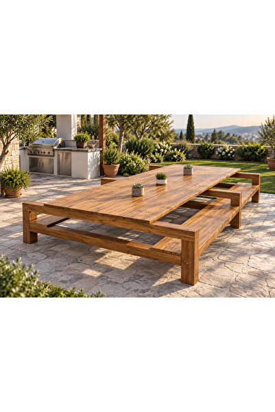 DekoMim Masif Çam Ahşap Banklı Bahçe Piknik Masası – 488 × 254 × 77,5 cm
