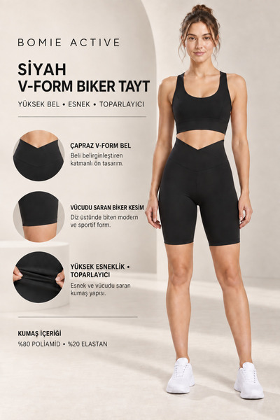 BOMIE ACTIVE Kadın Siyah V-Form Yüksek Bel Toparlayıcı Biker Tayt
