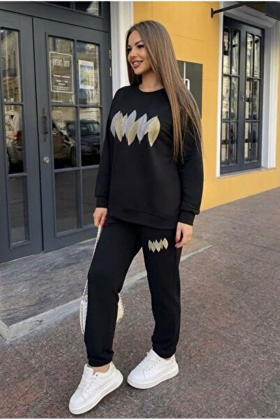 Koza Butik Kadın Büyük Beden Uzun Kollu Yaprak Desenli Eşofman Takımı 8301-27